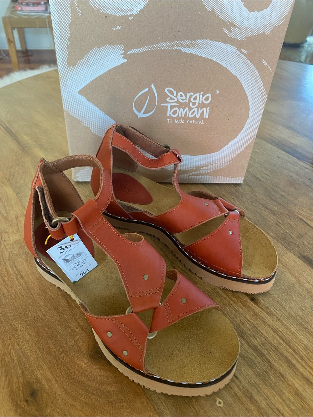 Sergio Tomani Orange Leather T‑Strap Wedge Sandals NIB